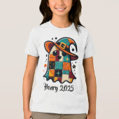 Gepersonaliseerde Schattigee Patchwork Ghost Hallo Tri-Blend Shirt (Voorkant)