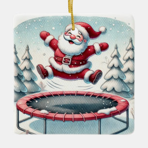 Gepersonaliseerde Schattigee Santa Jumping op Tram Keramisch Ornament