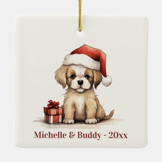 Gepersonaliseerde Schattigee Santa Puppy Dog Chris Keramisch Ornament (Achterkant)