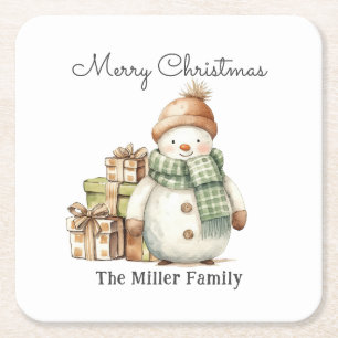 Gepersonaliseerde Schattigee sneeuwman & kerstcade Vierkante Kartonnen Onderzetter