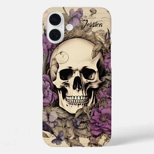 Gepersonaliseerde schedel en paarse bloemen Case-Mate iPhone case (Achterkant)