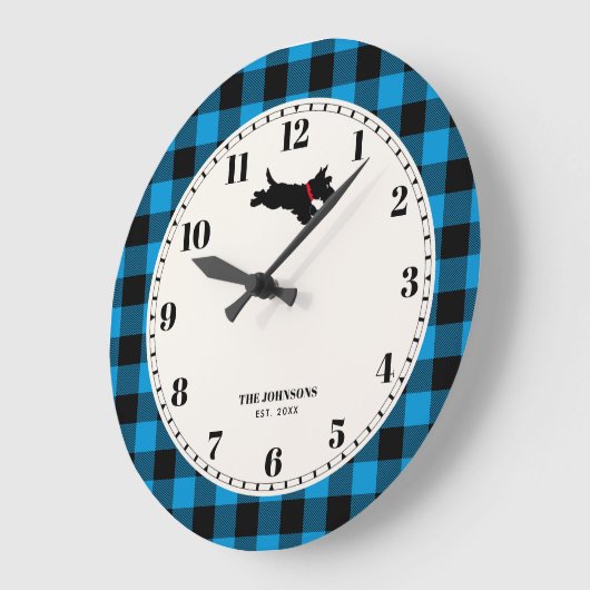 Gepersonaliseerde Scottie Dog Buffalo Check Blauw Grote Klok (Hoek)