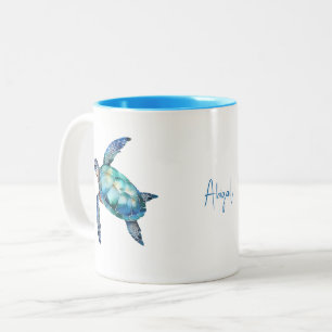 Gepersonaliseerde scriptnaam Turquoise Zee Turtle Tweekleurige Koffiemok