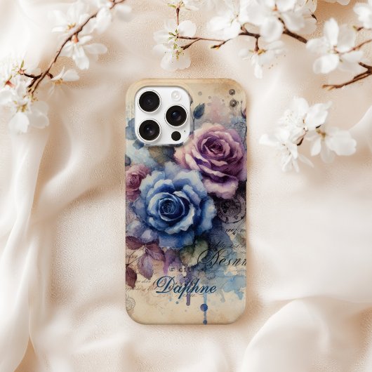 Gepersonaliseerde Shabby Chic Blauw & Roze Rozen Case-Mate iPhone Case