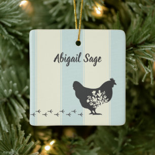 Gepersonaliseerde Silhouette Chicken met Flowers B Keramisch Ornament