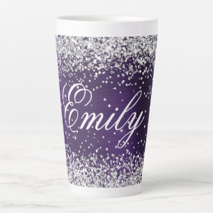 Gepersonaliseerde Silver Glitter Dark Violet Folie Latte Mok