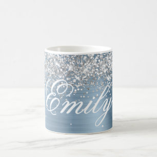 Gepersonaliseerde Silver Glitter Lichtblauwe Folie Koffiemok