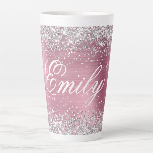 Gepersonaliseerde Silver Glitter Lichtroze Folie Latte Mok (Voorkant)