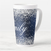 Gepersonaliseerde Silver Glitter Navy Blue Folie Latte Mok (Rechterhoek)