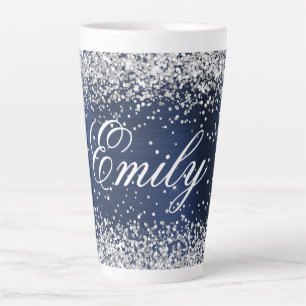 Gepersonaliseerde Silver Glitter Navy Blue Folie Latte Mok