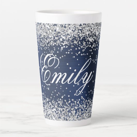 Gepersonaliseerde Silver Glitter Navy Blue Folie Latte Mok (Voorkant)