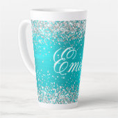 Gepersonaliseerde Silver Glitter Turquoise Blue Fo Latte Mok (Linkerhoek)