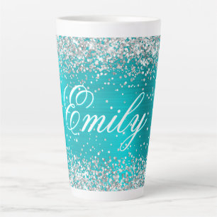 Gepersonaliseerde Silver Glitter Turquoise Blue Fo Latte Mok