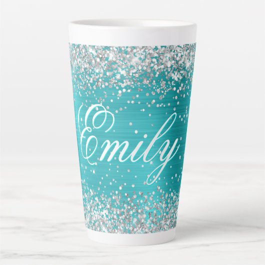 Gepersonaliseerde Silver Glitter Turquoise Blue Fo Latte Mok (Voorkant)