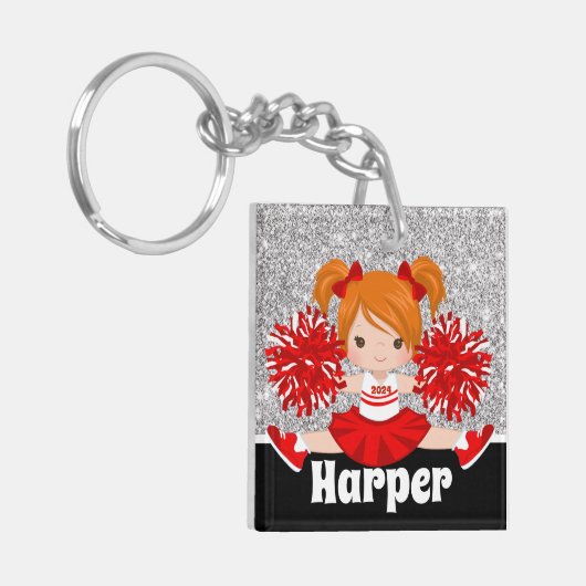 Gepersonaliseerde Silver & Red Cheerleading Sleute Sleutelhanger (Voorkant Links)
