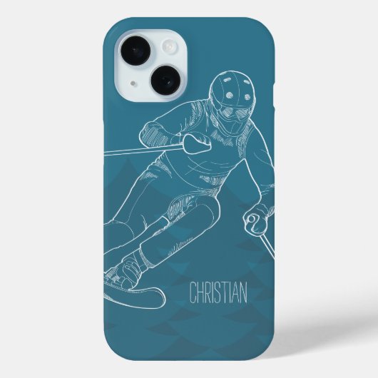 Gepersonaliseerde skiër geschetste tekening op bla Case-Mate iPhone case (Achterkant)