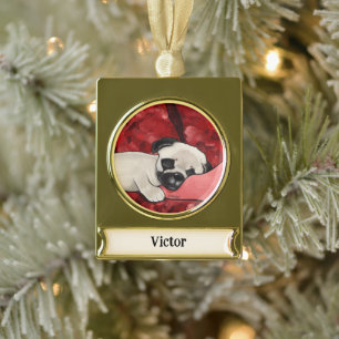 Gepersonaliseerde slaperige puppy verguld banner ornament