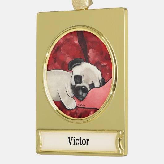Gepersonaliseerde slaperige puppy verguld banner ornament (Links)