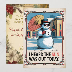 Gepersonaliseerde Sneeuwman Zon Grappige Vintage Feestdagenkaart
