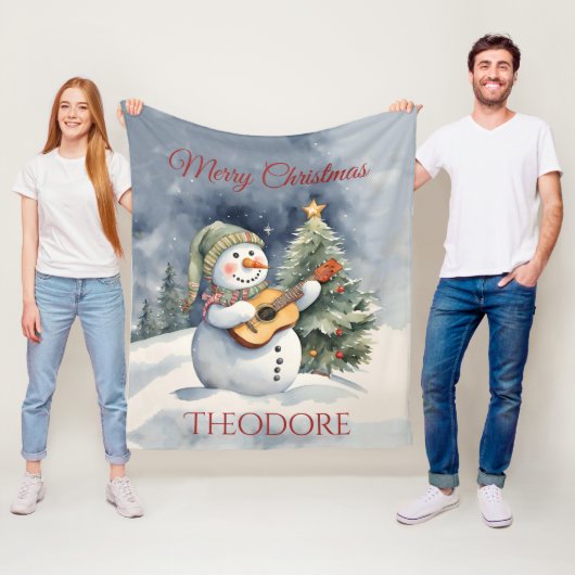 Gepersonaliseerde Snowman Gitaar Kerstmis Fleece Deken (In situ)