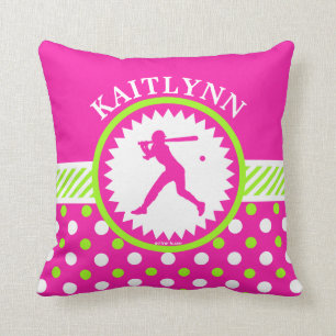Gepersonaliseerde Softball roze - Groene Polka-Sti Kussen