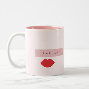 Gepersonaliseerde Speelse Rode Lippen op Wangenroo Tweekleurige Koffiemok