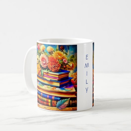 Gepersonaliseerde stapel van boeken en bloemen koffiemok (Voorkant links)