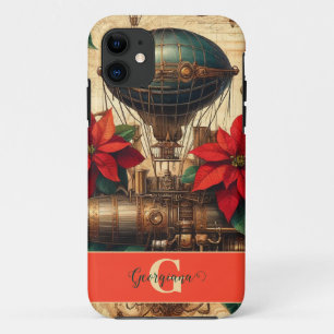 Gepersonaliseerde Steampunk Airship met Poinsettia iPhone 11 Hoesje