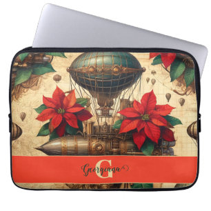 Gepersonaliseerde Steampunk Airship met Poinsettia Laptop Sleeve