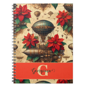 Gepersonaliseerde Steampunk Airship met Poinsettia Notitieboek
