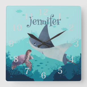Gepersonaliseerde Stingray en Turtle Onder het Zee Vierkante Klok