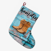 Gepersonaliseerde Stocking Blue Wood Barn Door Boo Grote Kerstsok (Voorkant (Hangend))