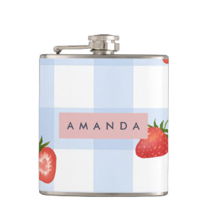 Gepersonaliseerde Strawberry & Blue Gingham Patroo Heupfles