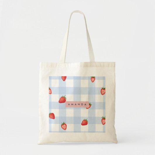 Gepersonaliseerde Strawberry & Blue Gingham Patroo Tote Bag (Voorkant)