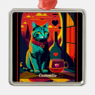 Gepersonaliseerde Sunset Cat boeken en wijn Metalen Ornament