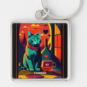 Gepersonaliseerde Sunset Cat boeken en wijn Sleutelhanger