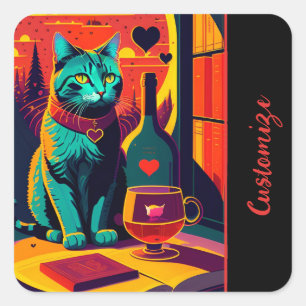 Gepersonaliseerde Sunset Cat boeken en wijn Vierkante Sticker