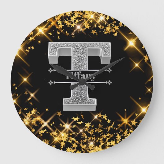 Gepersonaliseerde T-Initiaal Silver Monogram Jouw  Grote Klok (Voorkant)