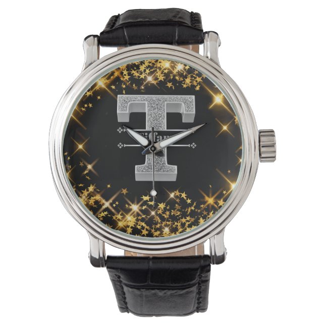 Gepersonaliseerde T-Initiaal Silver Monogram Jouw  Horloge (Voorkant)