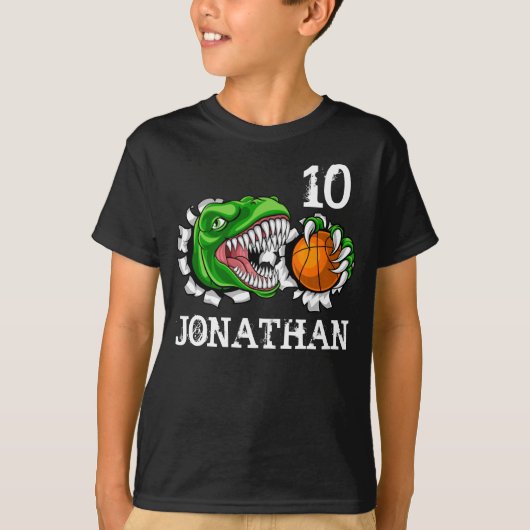 Gepersonaliseerde T-Rex Basketball 10e verjaardag T-shirt (Voorkant)
