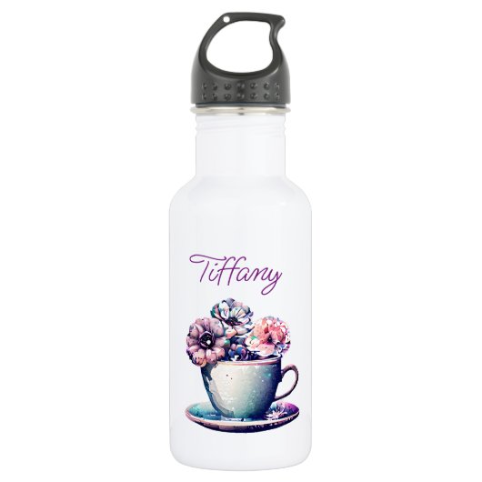 Gepersonaliseerde   Tea Cup en Flowers Waterfles (Voorkant)