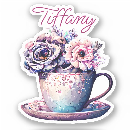 Gepersonaliseerde   Tea Cup of Flowers Sticker (Voorkant)