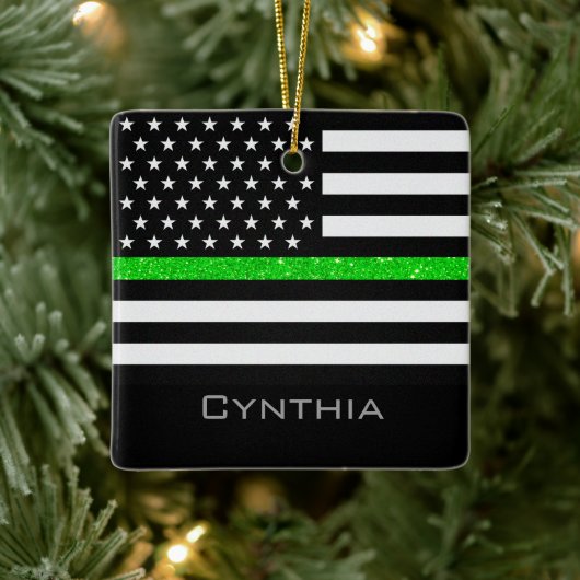 Gepersonaliseerde thin Green Line Glitter Flag Keramisch Ornament (Boom)