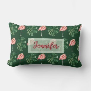 Gepersonaliseerde tropische flamingo en Monstera b Kussen