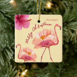 Gepersonaliseerde Tropische Flamingo Kerst Keepsak Keramisch Ornament