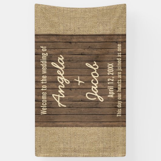 Gepersonaliseerde Trouwbanner Rustieke Burlap Hout Spandoek (Verticaal)