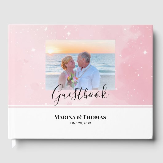 Gepersonaliseerde trouwfoto met Sparkly Baby Pink Gastenboek (Voorkant)