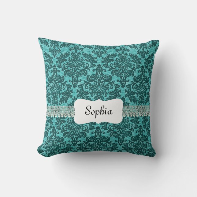 Gepersonaliseerde  Turquoise Damask Kussen (Voorkant)