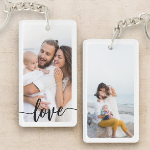 Gepersonaliseerde twee foto tekst familie dubbelzi sleutelhanger