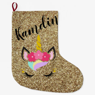 Gepersonaliseerde Unicorn Gold Glitter Stocking Grote Kerstsok